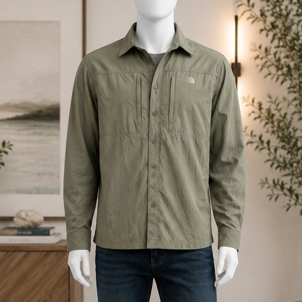 The North Face Mens Hiking Shirt Vented Long Sleeve Olive Green Medium